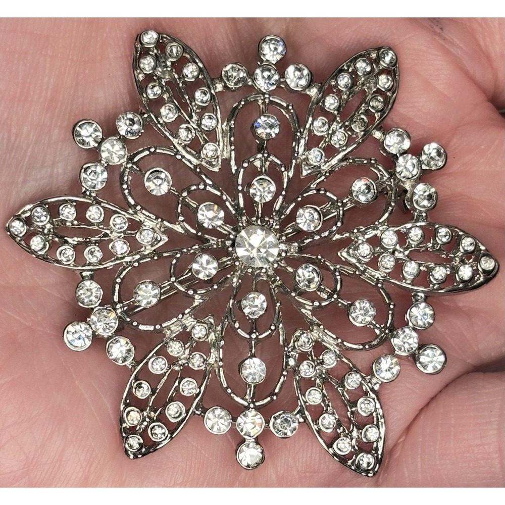 Vintage Rhinestone Snowflake Brooch Silver Tone 2.5"